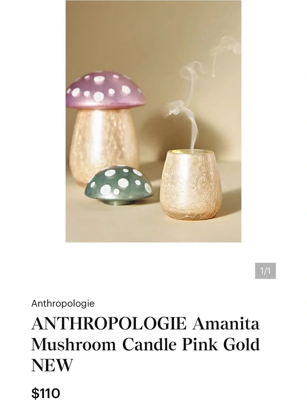 NEW Anthropologie Large Amanita Mushroom Glass Candle (w/Defect)